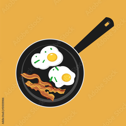 Vector flat illustration of pan with sunny side up eggs and fried bacon. 