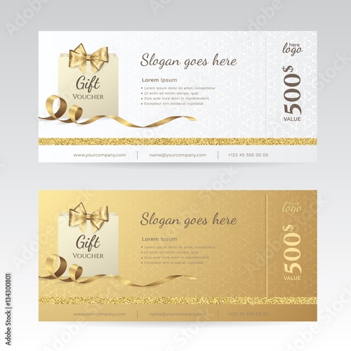 Set of elegant shiny gift voucher with golden bow, ribbon and paper shopping bag. Vector template for gift card, coupon and certificate with ornate background. Isolated from the background.