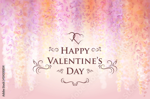 Valentine's Day card template with gentle flowers of blooming wisteria, floral background. Vector illustration. Eps10