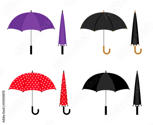 Umbrellas folded and opened collection. Black, red and violet parasol vector icons isolated on white background