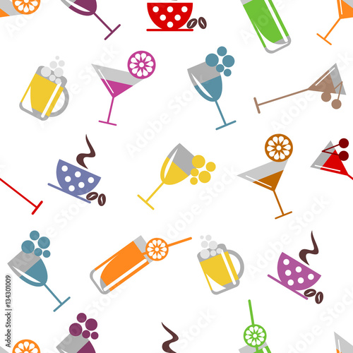 Seamless vector pattern with cocktail, glass, wine glass, beer glass, fruits on the white background. Series of Food and Drink Seamless Patterns.