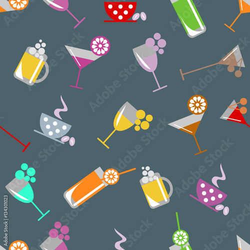 Seamless vector pattern with cocktail, glass, wine glass, beer glass, fruits on the blue background. Series of Food and Drink Seamless Patterns.