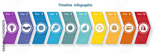 Template Timeline Infographic from colour arrows 9 position