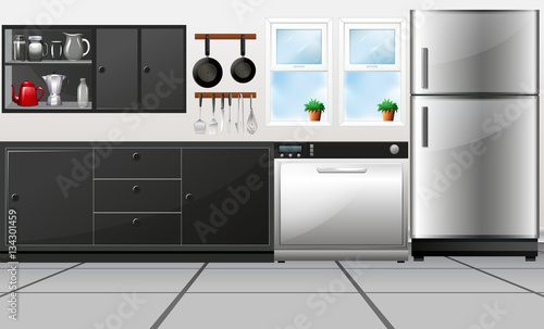 Kitchen room with utensils and electronic appliances