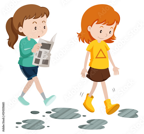 Girls walking with careless and careful steps