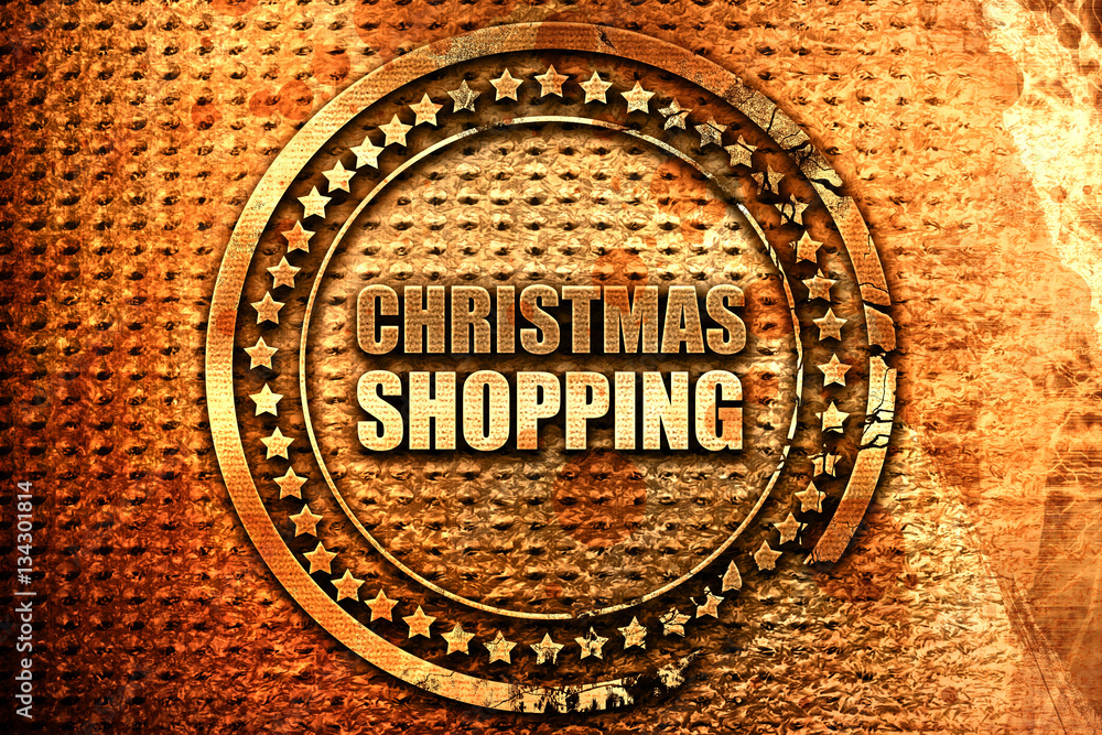 christmas shopping, 3D rendering, grunge metal stamp