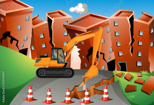 Earthquake scene with bulldozer and buildings