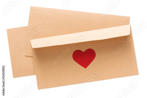 Valentine day letter in envelope isolated on white background