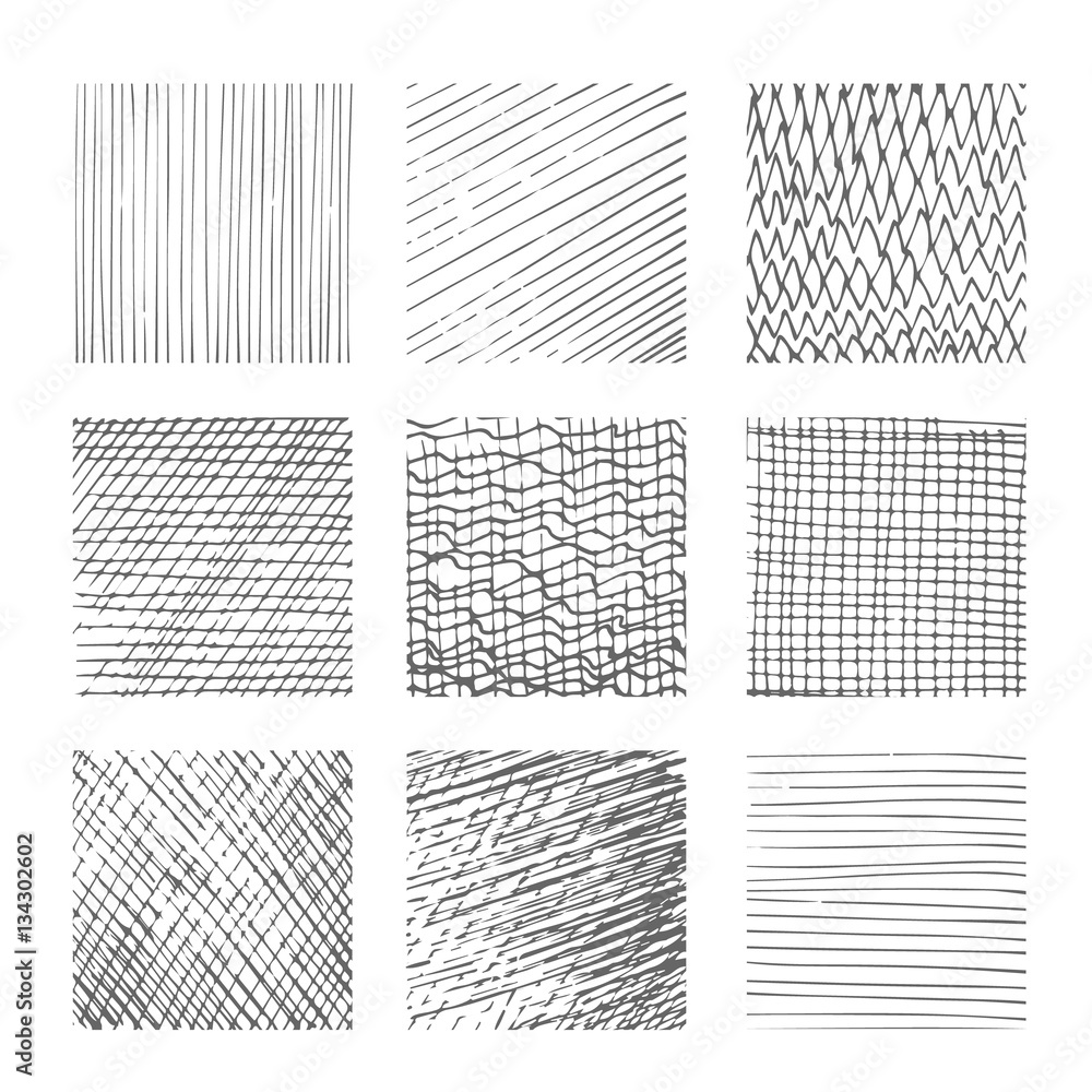 Hatching textures, cross lines, canvas pattern background vector set