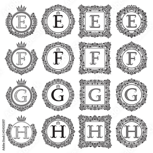 Vintage monograms set of E, F, G, H letter. Heraldic coats of arms in wreaths, round and square frames. Black symbols on white.