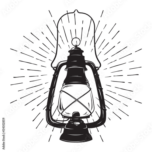 Hand-drawn grunge sketch vintage oil lantern or kerosene lamp with rays of light. Vector illustration. T-shirt print or poster design.