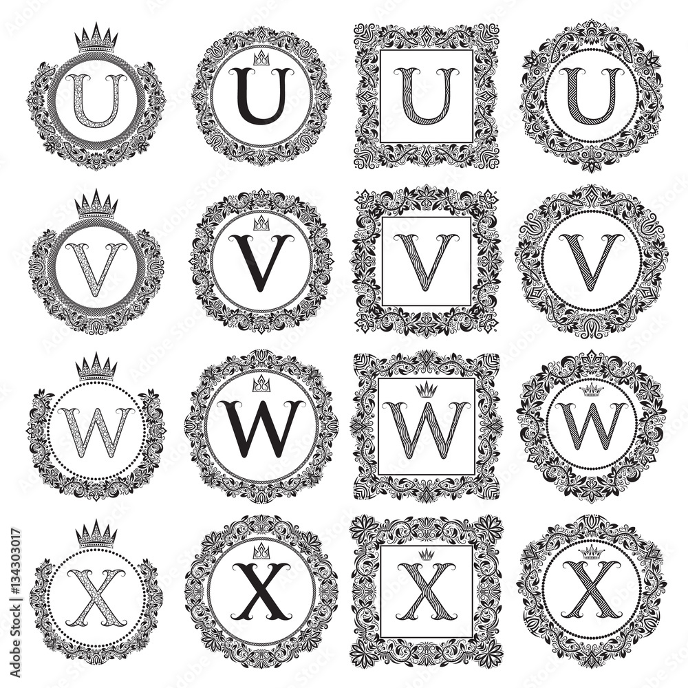 Vintage monograms set of U, V, W, X letter. Heraldic coats of arms in ...