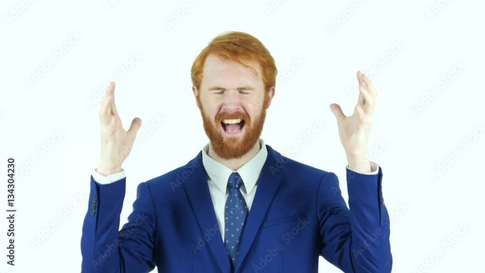 Screaming Upset Red Hair Beard Businessman, White Background Screaming Upset Red Hair Beard Businessman, White Background