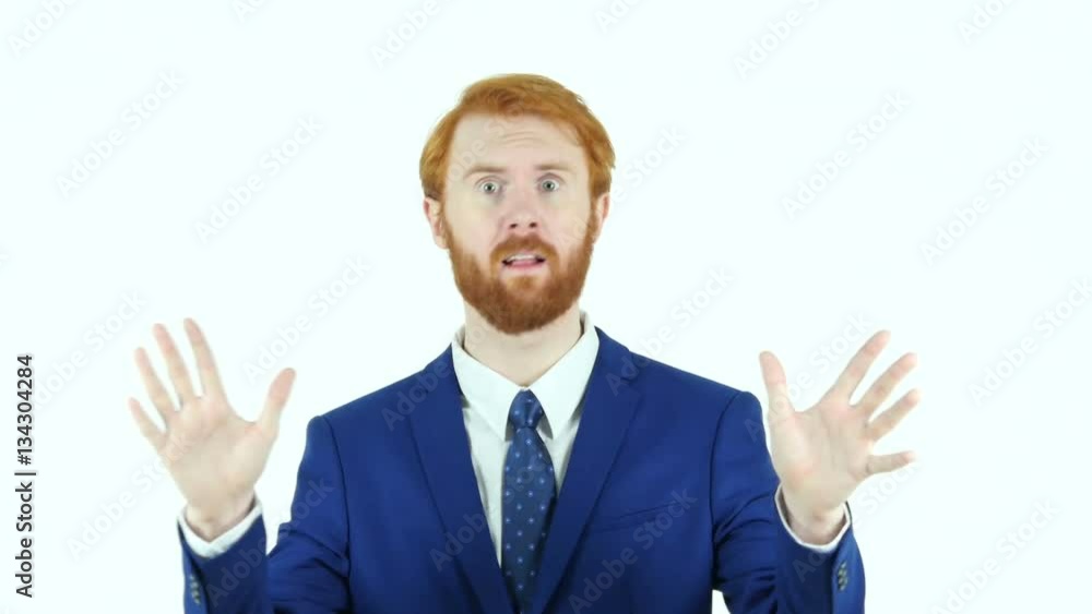 Portrait of Angry Red Hair Beard Businessman, White Background Yelling