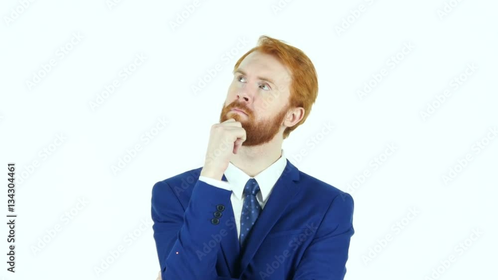 Thinking Pensive Red Hair Beard Businessman, White Background Thinking Pensive Red Hair Beard Businessman, White Background