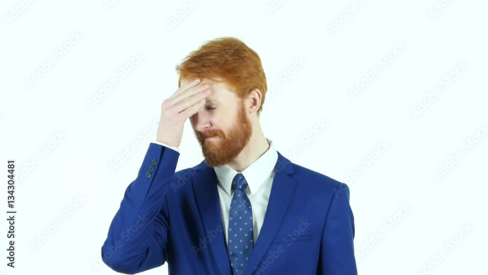 Headache, Upset Red Hair Beard Businessman, White Background Headache, Upset Red Hair Beard Businessman, White Background
