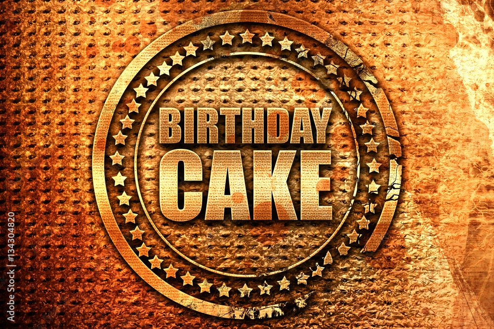 birthday cake, 3D rendering, grunge metal stamp
