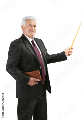 Senior man with pointer on white background