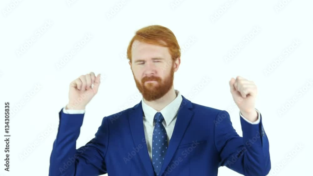 Dancing Happy Red Hair Beard Businessman, White Background Dancing Happy Red Hair Beard Businessman, White Background