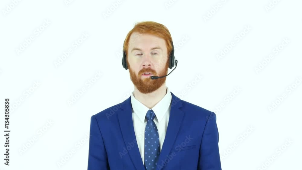 Customer Service, Red Hair Beard Businessman Talking in Headphone Customer Service, Red Hair Beard Businessman Talking in Headphone