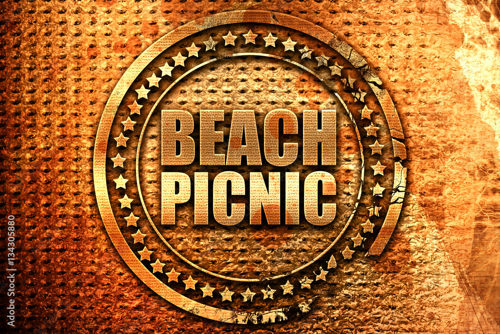 beach picnic, 3D rendering, grunge metal stamp