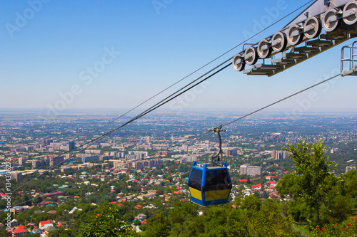 Almaty city view from Koktobe hill and cabin of cable car, Kazak