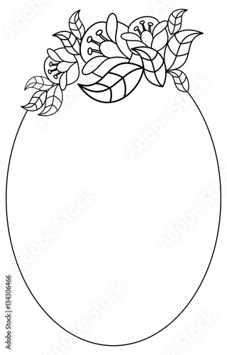 Elegant oval frame with contours of flowers. Vector clip art.