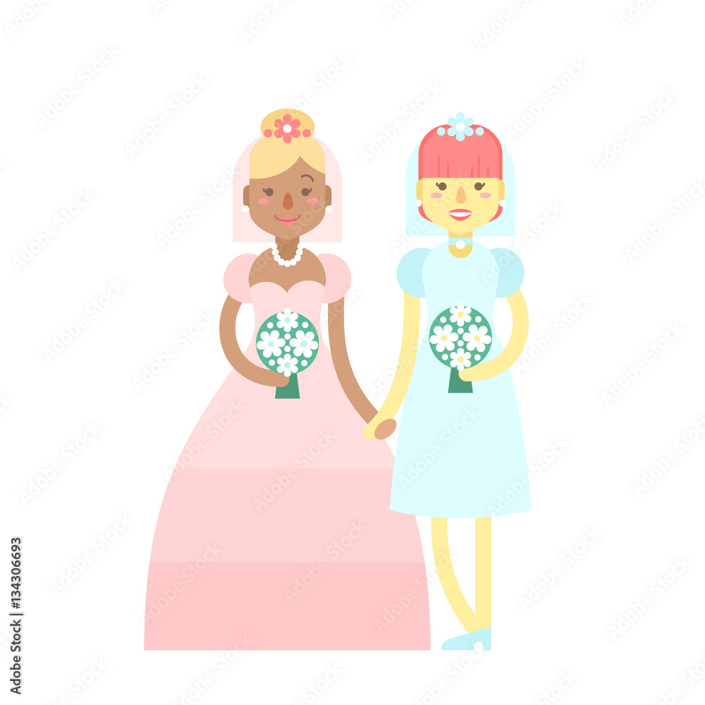 Wedding couple, cute flat characters, brides, happy girls Wedding couple, cute flat characters, brides, happy girls