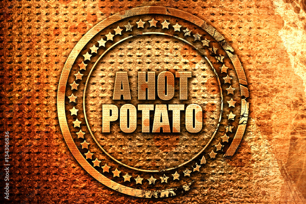 a hot potato, 3D rendering, grunge metal stamp
