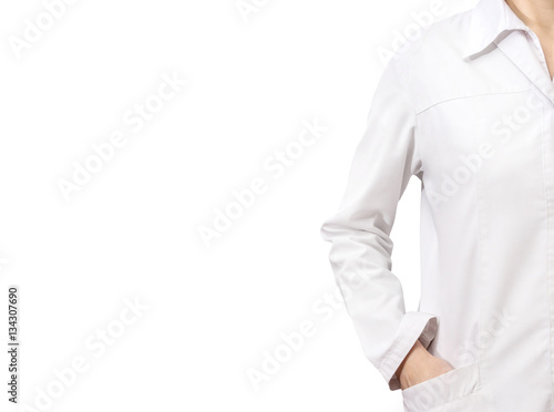 Female doctor in white medical robe isolated on white.