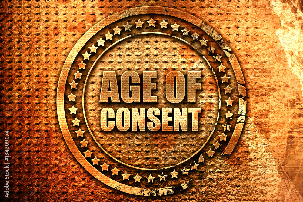 age of consent, 3D rendering, grunge metal stamp