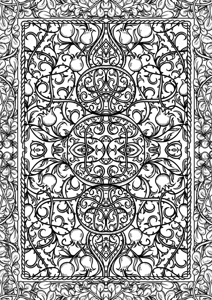 Vintage gothic pattern with floral elements. Black and white engraving  ornamental background. Design concept for playing card, book cover, print, poster. Hand drawn vector illustration.