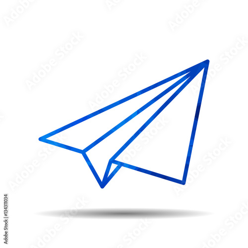 blue triangular polygonal linear paper plane icon on a white bac