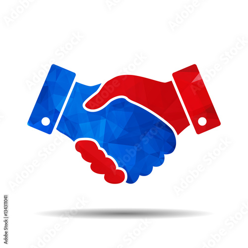 blue and red triangular polygonal handshake vector icon. design
