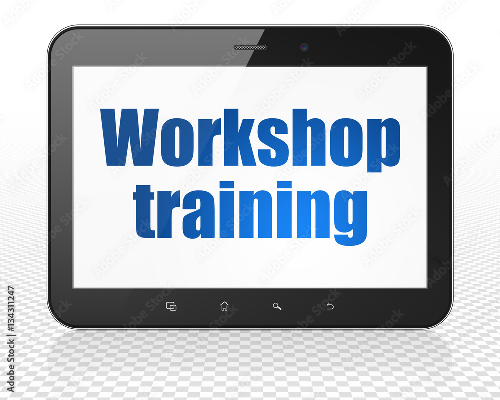 Learning concept: Tablet Pc Computer with Workshop Training on display Learning concept: Tablet Pc Computer with Workshop Training on display