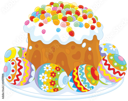 Festively decorated Easter cake and colorfully painted eggs