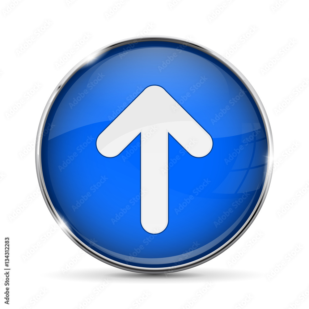 Blue UP button with white arrow. Shiny 3d icon with metal frame Blue UP button with white arrow. Shiny 3d icon with metal frame