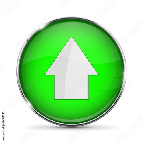 Green UP button with white arrow. Shiny 3d icon with metal frame