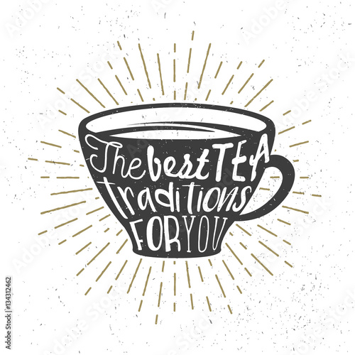 Creative poster with teacup silhouette and text. Vector illustration with handwritten phrase. Typography cup and lettering used for poster, banner, cards, prints or cafe menu.