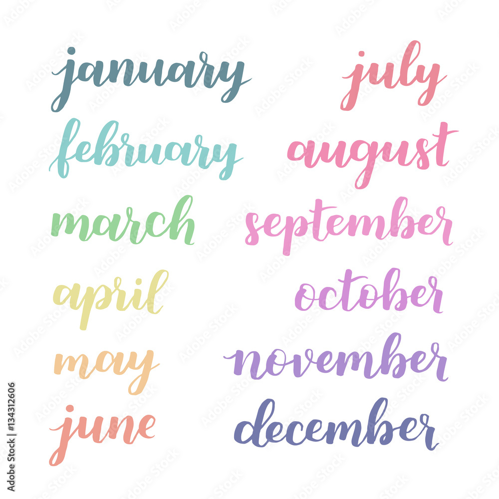 Calligraphic set of months of the year. Brush handwritten Hand lettering names of months. Calligraphic isolated set in multicolored ink on white isolated background. Vector illustration