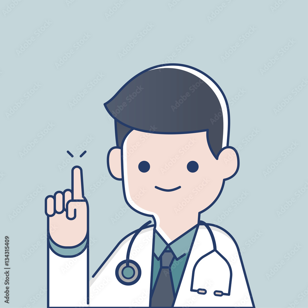 Medical doctor pointing finger up to screen with stethoscope, vector character illustration... Medical doctor pointing finger up to screen with stethoscope, vector character illustration...