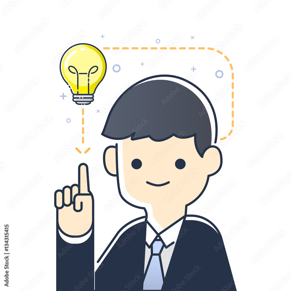 Businessman pointing to light bulb having a good idea, vector illustration. Businessman pointing to light bulb having a good idea, vector illustration.
