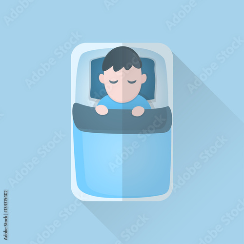 Young man in Blanket Sleeping on bed, Cartoon icon, vector illustration.