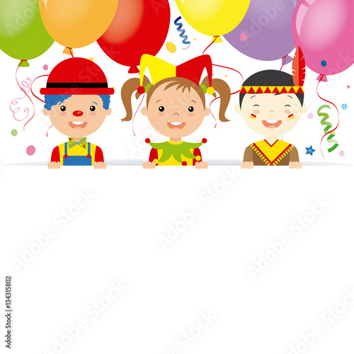 costume party card. Clown, harlequin and indian with poster.