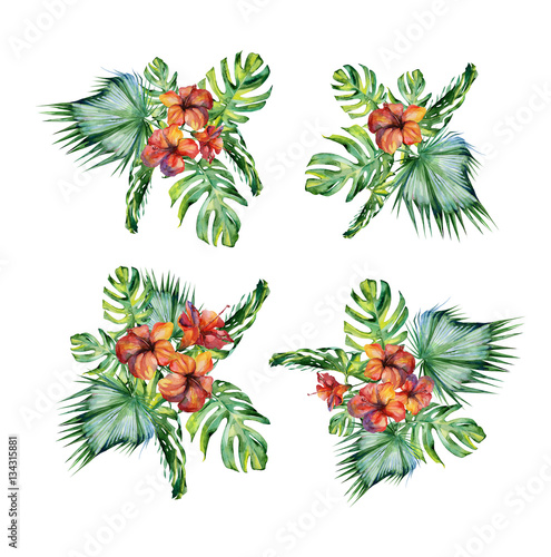 Watercolor illustration set of tropical leaves and hibiscus, dense jungle. Collection with tropic summertime motif may be used as background texture, card or cloth illustration, textile design. 