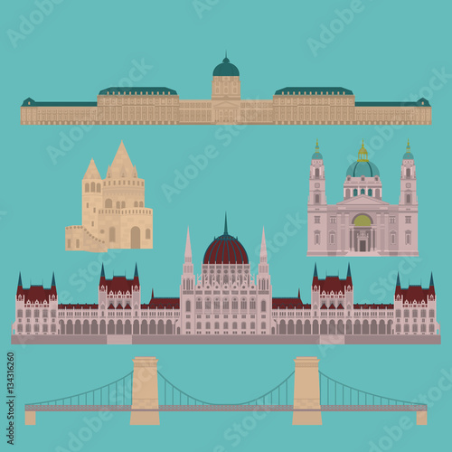 Hungarian City sights in Budapest. Hungary Landmark Travel And Journey Architecture Elements Buda castle, Chain Bridge. Budapest parliament, Fisherman's bastion, St. Istvan basilica