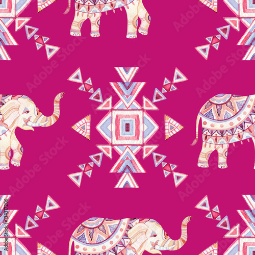 Indian elephant watercolor seamless pattern