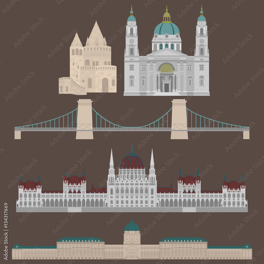 Fototapeta premium Hungarian City sights in Budapest. Hungary Landmark Travel And Journey Architecture Elements Buda castle, Chain Bridge. Budapest parliament, Fisherman's bastion, St. Istvan basilica