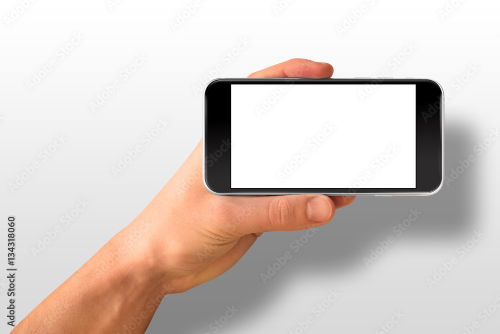 Man hand holding horizontal the black smartphone Man hand holding horizontal the black smartphone
