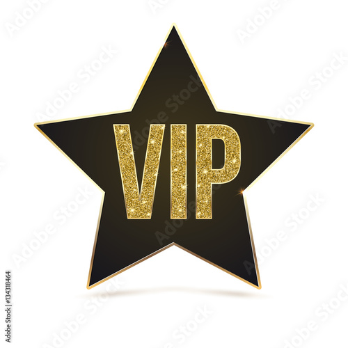 Black five-pointed star with Golden edging and the inscription VIP. Sign of exclusivity and elitism with bright, Golden glow. Template for vip banners or card, exclusive certificate, luxury voucher